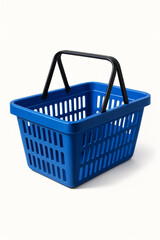Fototapeta premium A blue shopping basket with black handles on a white background. Ideal for grocery shopping, retail purchases, or carrying household items.