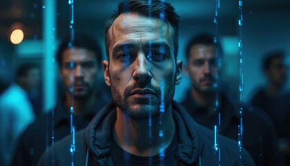 Close up portrait of serious man with digital data overlay on face. Blue glowing lines stream over head, face. Represents tech security, digital identity concept, AI fraud, deepfake, cybercrime, data