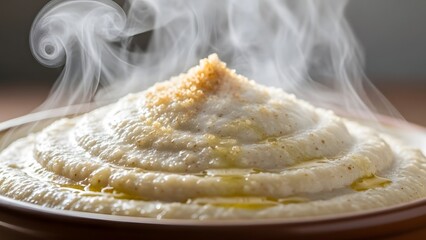 Steaming Polenta Delight: A close-up shot of a plate of creamy, steaming polenta. The dish's texture and enticing aroma are on display.