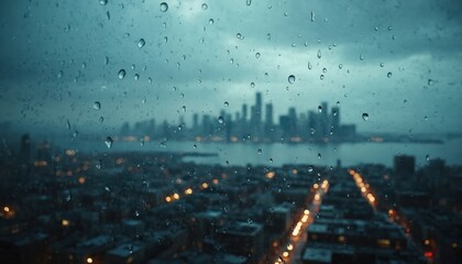 Raindrops on window glass. City skyline visible through droplets. Lights illuminate streets at night. The urban scene conveys a moody atmospheric feel of rain and city.
