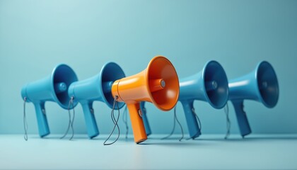 Row of blue megaphones with one orange standing out. Highlights individual voice unique message in crowd. Use for concepts of leadership, difference, advertising. Great for marketing announcement
