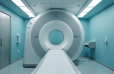 Modern medical imaging scanner stands in sterile, clean hospital room. Large diagnostic machine with patient bed ready for full body examination procedure. High tech equipment helps with health care,
