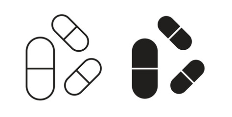 Pill icons, vector design. Silhouette and stroke icon collection