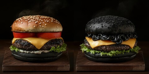 Two unique burgers: one with a sesame bun and fresh toppings, the other with a bold black bun and rich ingredients