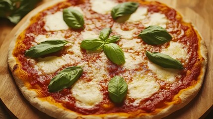 A freshly baked pizza featuring melted cheese and vibrant basil leaves sits on a wooden cutting board, ready to be served