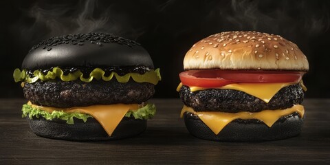 Black burger features a unique bun with cheese and fresh lettuce, served alongside a classic burger variety in Japan