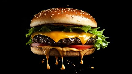 Juicy cheeseburger features a sesame seed bun, melted cheese, crisp lettuce, and vibrant tomatoes against a dark background