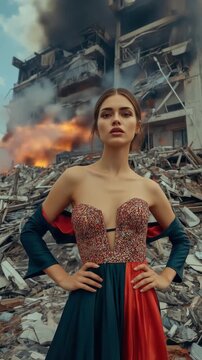 A striking young woman stands with a powerful and determined gaze amidst a scene of significant urban devastation. Dressed in a vibrant, elegant gown featuring a patterned bodice and a contrasting, fl