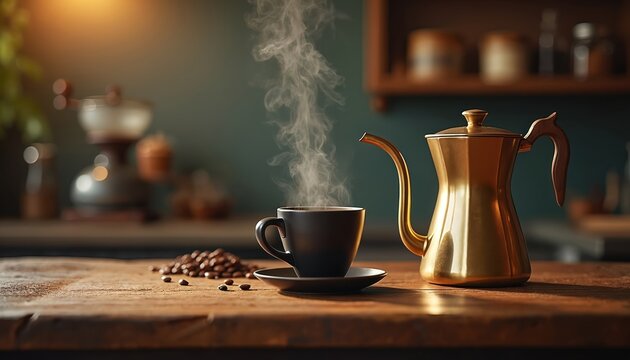 Hot fragrant coffee steams in black cup next to golden pour over kettle. Fresh roasted coffee beans scatter on rustic wooden table surface. Cozy morning brew offers warmth in modern home cafe