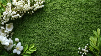 Bright green grass serves as a lively backdrop adorned with delicate white flowers and lush leaves perfect for decoration at events or crafting projects.
