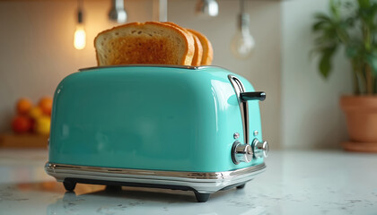 Bright photo of retro turquoise toaster with golden toast on white kitchen counter. Domestic appliance provides tasty breakfast. Close up view shows the shiny metal, glass and stylish design.