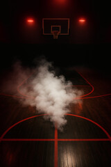 Fototapeta premium A dramatic basketball court scene, shrouded in a cloud of smoke with a rim and red court lines adding to the intense, mysterious atmosphere.