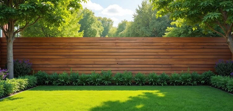 Modern wooden fence provides privacy for a sunny backyard with vibrant green lawn. Lush garden beds and shade trees thrive, creating a peaceful outdoor home space under a clear blue sky.