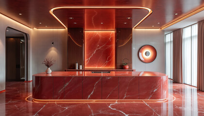 Obraz premium Modern house interior features stylish red marble surfaces. Room island kitchen area with elegant round decor detail. Upscale apartment big windows with natural light, contemporary furniture in