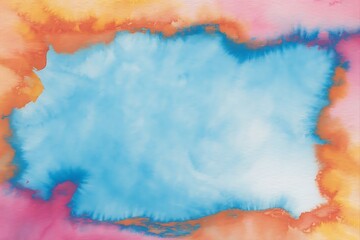 blue watercolor paint background design with colorful orange pink borders and bright center, watercolor bleed and fringe with vibrant distressed grunge texture