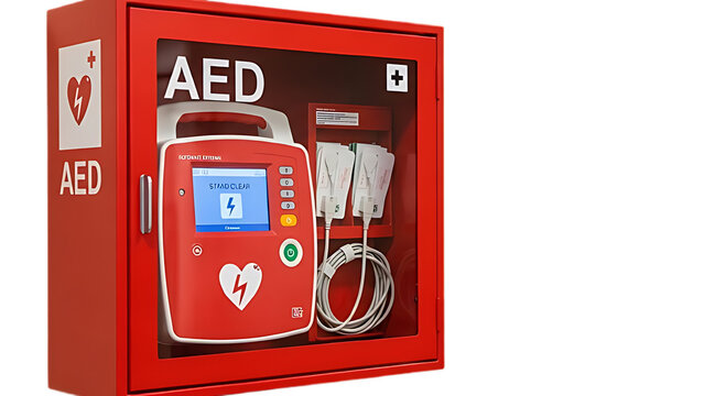 Automated external defibrillator aed in a red wallmounted cabinet, isolated on transparent background