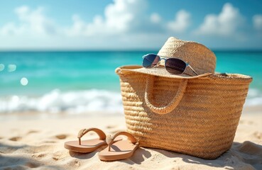 Wicker bag with hat and sunglasses sits on sandy beach. Flip flops rest nearby. Ocean waves roll onto shore under bright sunny sky. Relaxing summer vacation scene.