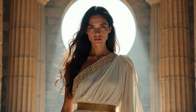 Young woman in ancient Greek attire poses in marble temple ruins. She wears a white chiton with gold trim and looks confidently at camera. Sun rays light her hair and face.