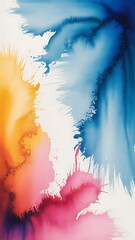 blue watercolor paint background design with colorful orange pink borders and bright center, watercolor bleed and fringe with vibrant distressed grunge texture