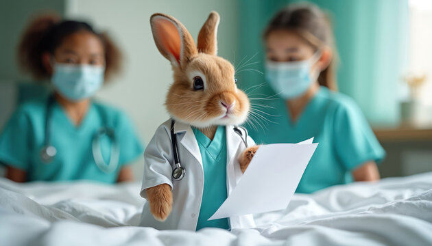 Cute rabbit doctor wears white coat and stethoscope, holds medical chart. Two nurses in blue scrubs and masks stand behind in hospital room. Medicine concept. - Powered by Adobe