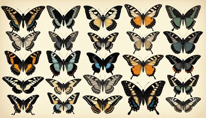 Collection of vibrant butterfly illustrations with intricate patterns, detailed designs. Various colorful butterflies arranged on light background. Butterfly artwork beautiful wings, delicate