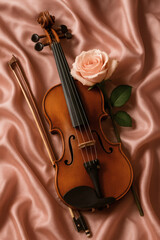 Fototapeta premium Elegant violin and bow displayed with a pale rose on a pink satin backdrop. The image evokes romance, music, and sophisticated aesthetics.