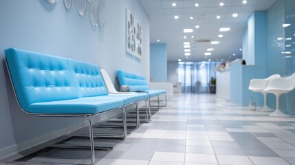 A spacious waiting area features sleek blue benches against calm light walls. Bright lights enhance the clean modern design creating a welcoming atmosphere.