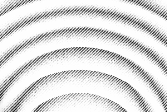 Macro halftone pattern of bold concentric arcs forming radiating waves. Black diagonal dots and lines on a transparent PNG background. - Powered by Adobe