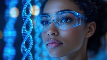A woman observes a holographic projection of DNA strands, visualized through futuristic glasses. Represents scientific innovation, genetics, and technology.