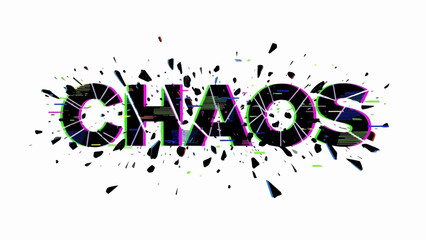 Chaos text with digital glitch effect and shattering fragments on white background. Distorted typography creates visual disruption, showing abstract data noise.