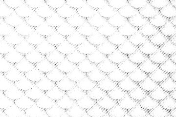 Macro halftone of repeating scallop scales or tiles with soft diagonal shading, black printed pattern isolated on transparent background.