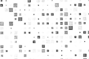 Randomly dispersed halftone squares of varying sizes and densities, like glitchy digital pixels or abstract confetti, on a transparent background.