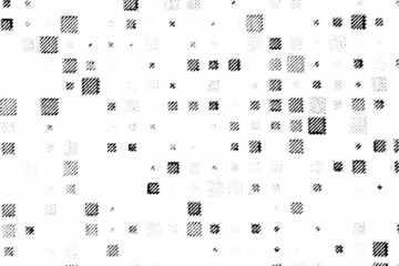 Randomly dispersed halftone squares of varying sizes and densities, like glitchy digital pixels or abstract confetti, on a transparent background.