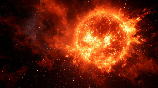 Illustration of a powerful burning sun in space.