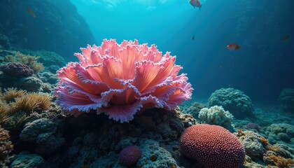 Giant pink coral stands out on ocean bottom. Vibrant, healthy coral reef creates amazing underwater landscape filled with diverse marine life. Small fish swim near bright corals in crystal clear blue