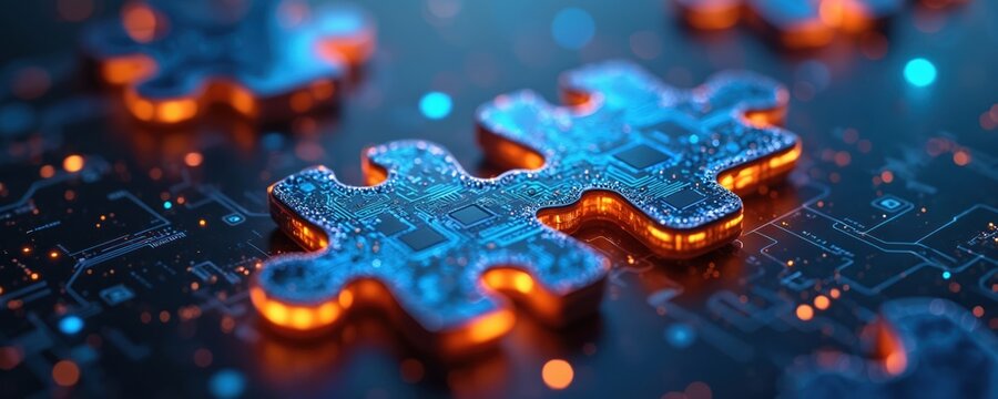 Two digital puzzle pieces interlock with glowing orange edges. Blue circuit board patterns illuminate surfaces. Represent technology integration, data flow connection, innovative solutions in modern