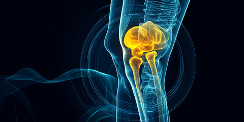 Visual representation focuses on the knee joint showcasing an X-ray effect with clear highlights of bone structure and anatomy