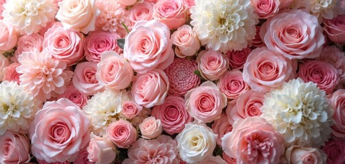 Close up photo of fresh blooming roses and other flowers. The pink roses are center of attention and some white flowers too. Decorative floral background perfect for wedding concept
