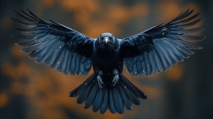 Fototapeta premium A majestic raven, wings fully extended, captured against a vibrant orange backdrop. The image evokes a sense of freedom and power.
