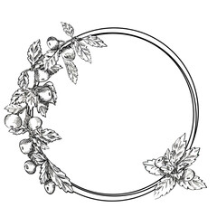 Vintage Hand Drawn Botanical Wreath with Wild Berries and Leaves. Elegant Ink Sketch Circular Frame Design for Wedding Invites, Logos, and Labels.