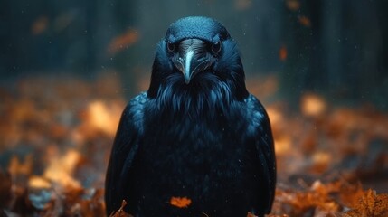 A majestic crow perches among vibrant autumn leaves, conveying a sense of alertness, resilience, and the beauty of nature's transition. A powerful image of wildlife in its natural habitat.