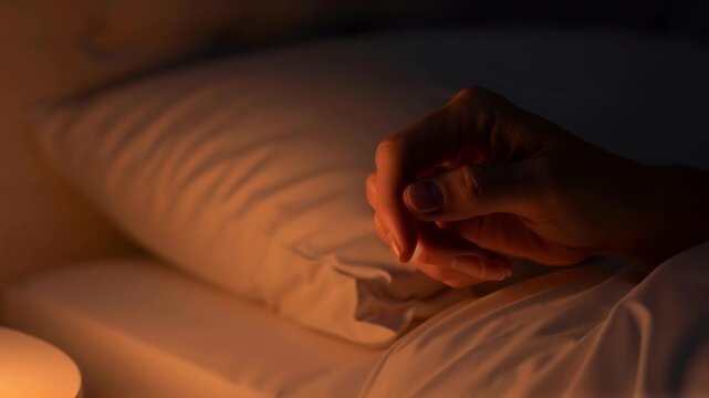 Woman's hand turning a lamp off on a bedside table in the evening, illuminating a bedroom. Sleep and relaxation concept. Footage.