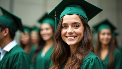 Graduates in green robes and caps smile for cameras. Young women and men celebrate commencement day. Future success and education milestone achieved by students.