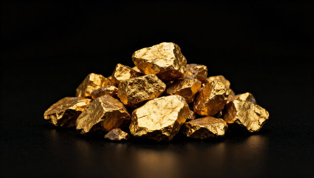Heap of gold. Pile of raw gold stones and golden nuggets on black background. Rising gold price, trading and financial business concept.