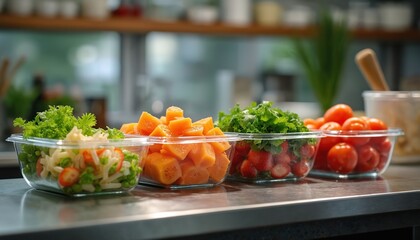 Four clear containers filled with fresh ingredients sit on steel counter. Chopped papaya, strawberries, salad greens, cherry tomatoes are neatly prepared for cooking. Kitchen is clean, organized.