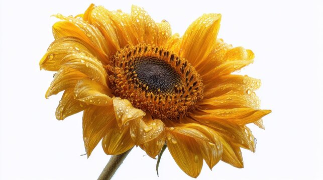 Sunflower stands tall with bright yellow petals and a dark center. Water droplets cling to its surface reflecting light in an engaging way. The white background enhances its beauty. - Powered by Adobe