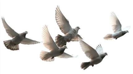 Obraz premium A group of white birds is captured gracefully flying together in a clear blue sky. Their wings are spread wide showcasing their beauty as they move in unison.