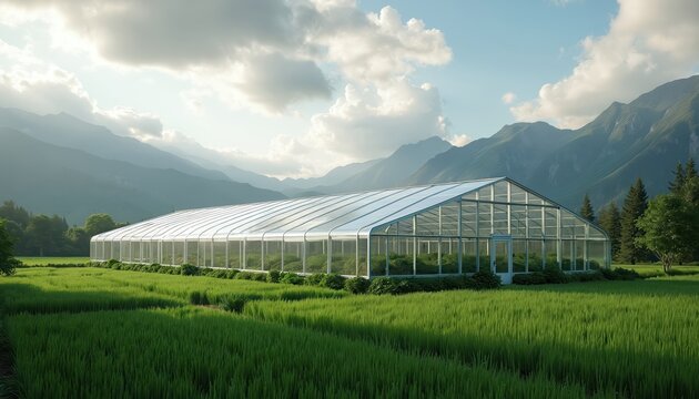 Modern glass greenhouse stands in rich green crop field. Distant mountains, trees frame scene under bright sky with fluffy clouds. Agri tech facility represents eco farming, growth, sustainable food - Powered by Adobe