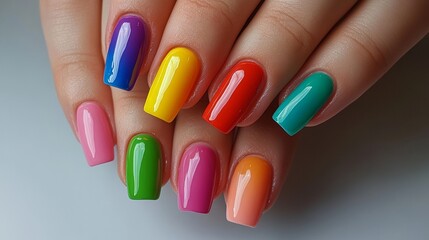 A woman's hands display a stunning rainbow manicure with vibrant colors and creative nail art, promoting self-expression and style
