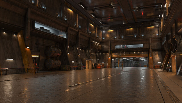 Huge futuristic military hangar interior. Dark moody sci-fi background. 3D rendered illustration.